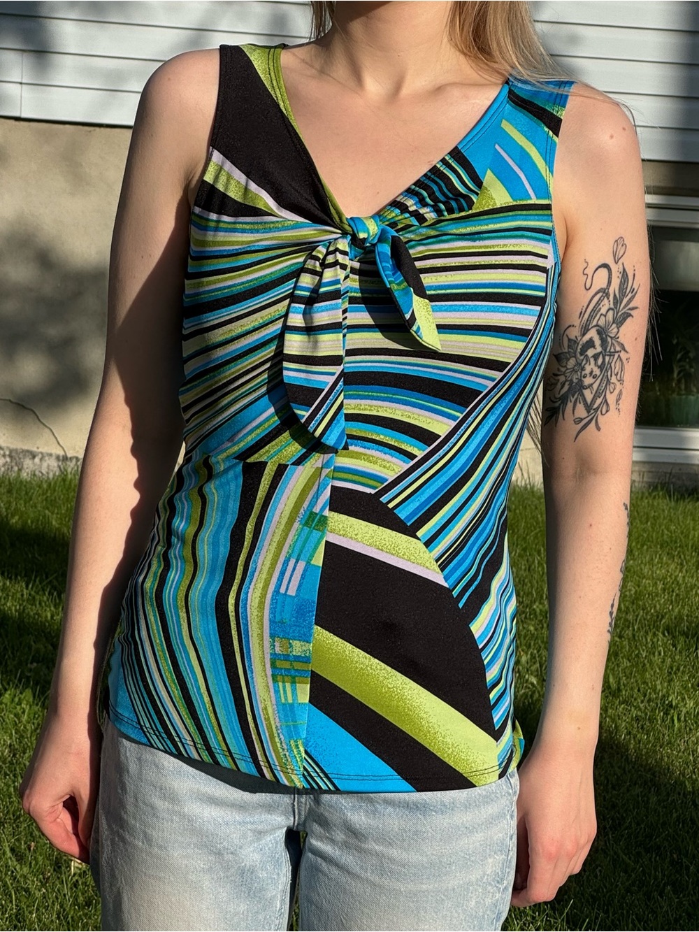 Clientele Abstract Striped Print Tie Front Blue Green Black Sleeveless Tank Top